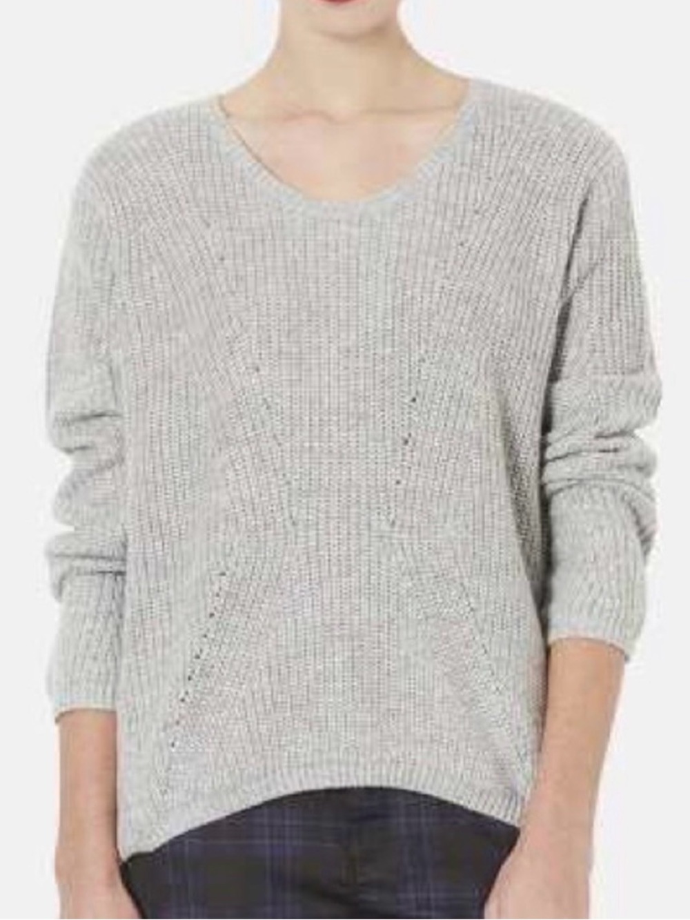 Topshop Grey Chevron Pointelle Knit Slouchy V-Neck Sweater Size 6 angora rabbit